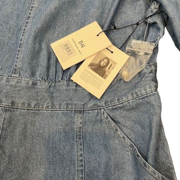 NWT Something Navy Chambray Short Romper Long Sleeve Pearl Buttons Size Large - Picture 3 of 11